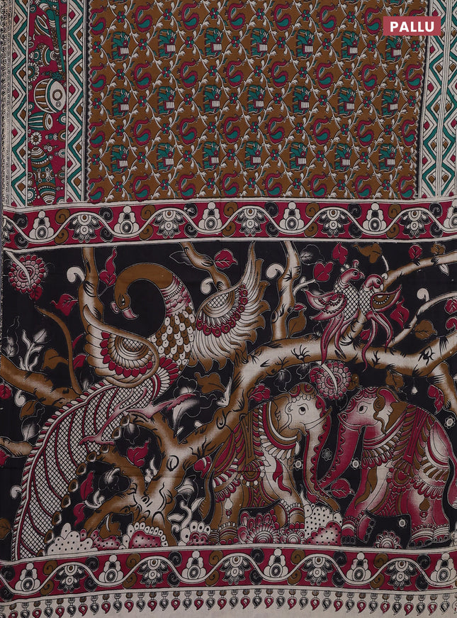 Kalamkari cotton saree dark mustard and magenta pink with allover prints and printed border