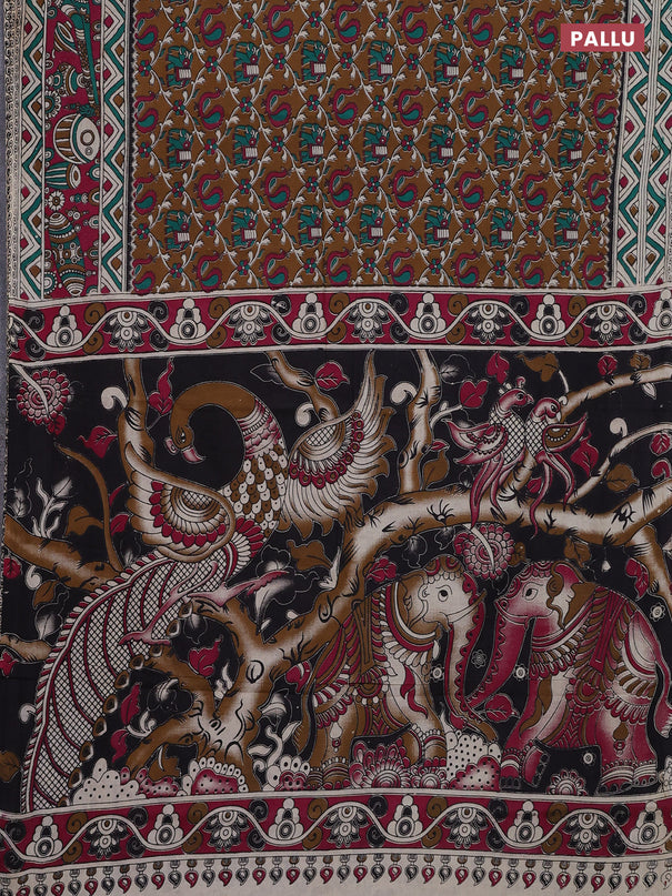 Kalamkari cotton saree dark mustard and magenta pink with allover prints and printed border