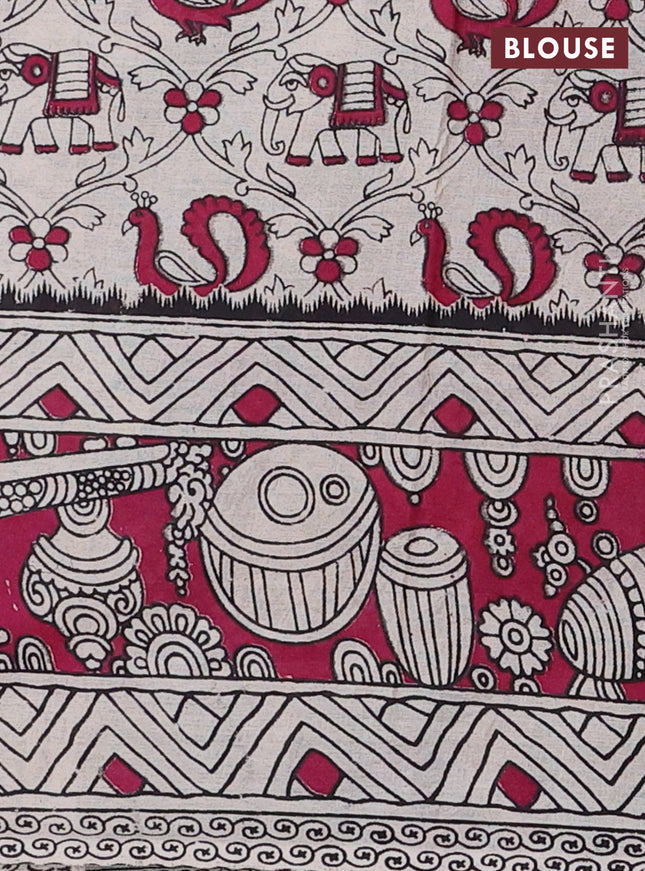 Kalamkari cotton saree dark mustard and magenta pink with allover prints and printed border