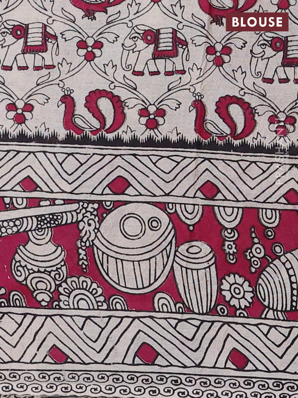 Kalamkari cotton saree dark mustard and magenta pink with allover prints and printed border