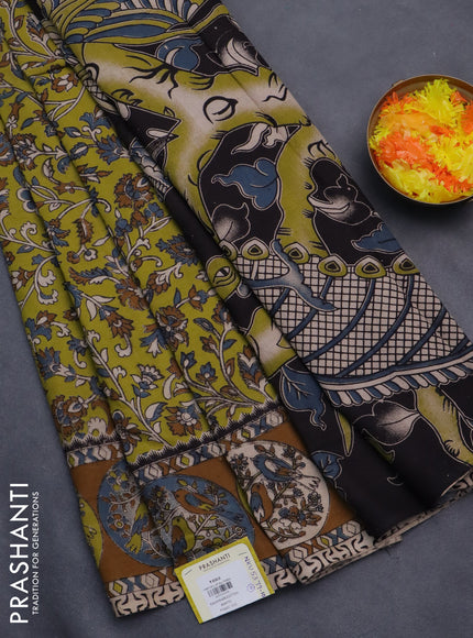 Kalamkari cotton saree light green and dark mustard with allover prints and printed border