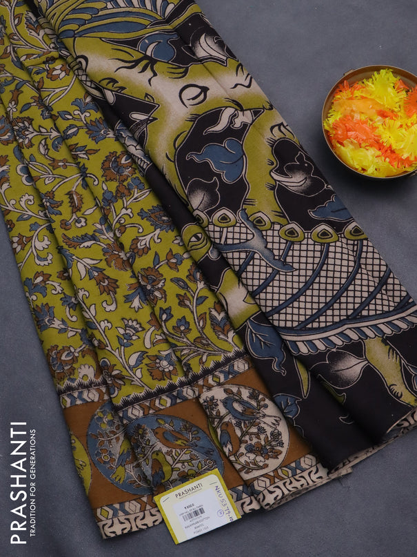Kalamkari cotton saree light green and dark mustard with allover prints and printed border