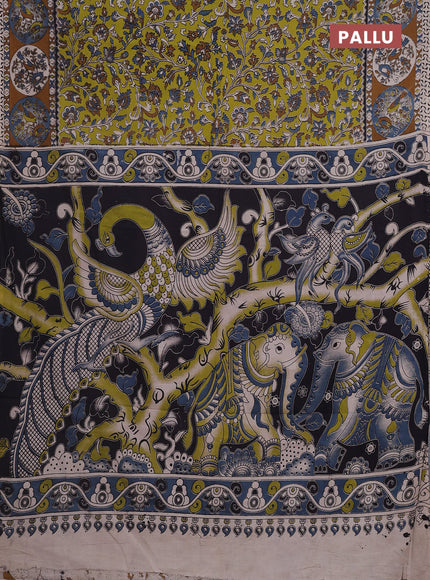 Kalamkari cotton saree light green and dark mustard with allover prints and printed border