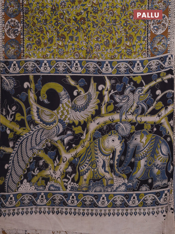 Kalamkari cotton saree light green and dark mustard with allover prints and printed border