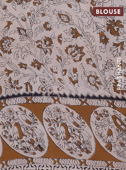 Kalamkari cotton saree light green and dark mustard with allover prints and printed border