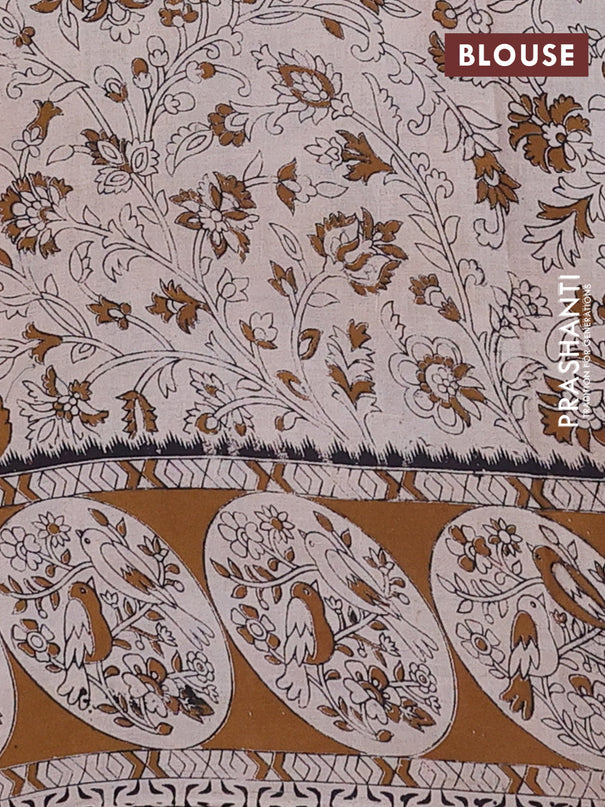 Kalamkari cotton saree light green and dark mustard with allover prints and printed border
