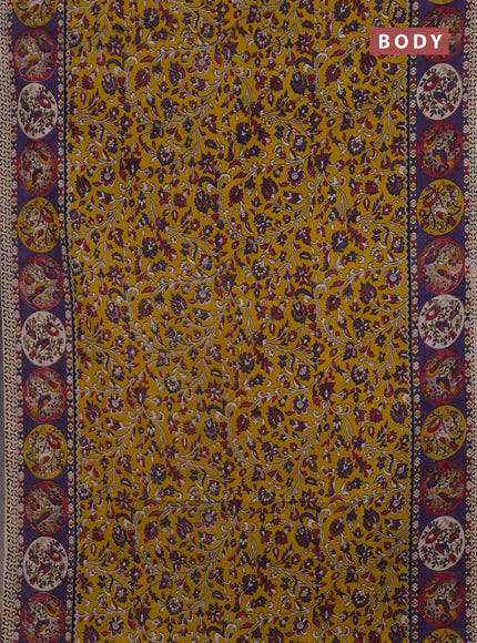 Kalamkari cotton saree yellow and violet with allover prints and printed border