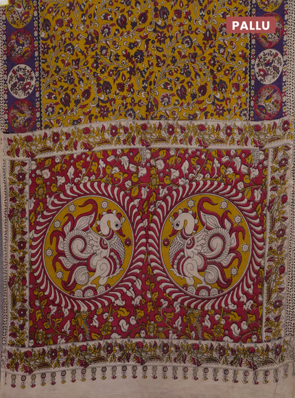Kalamkari cotton saree yellow and violet with allover prints and printed border
