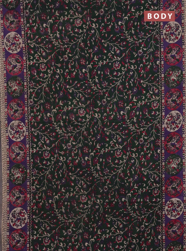 Kalamkari cotton saree dark green and violet with allover prints and printed border