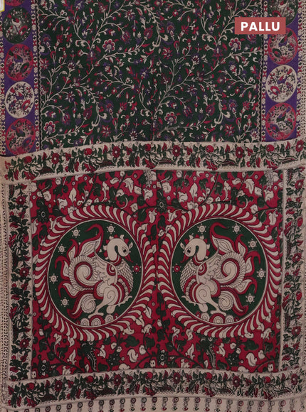 Kalamkari cotton saree dark green and violet with allover prints and printed border