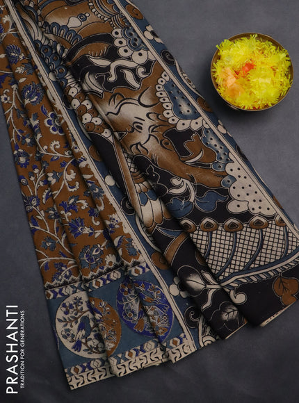 Kalamkari cotton saree dark mustard and greyish blue with allover prints and printed border