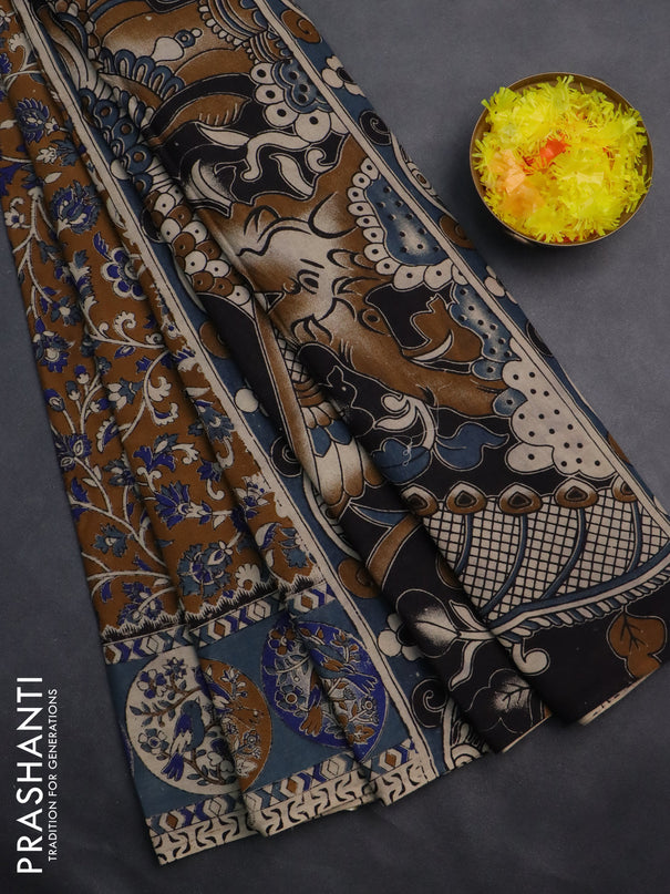 Kalamkari cotton saree dark mustard and greyish blue with allover prints and printed border