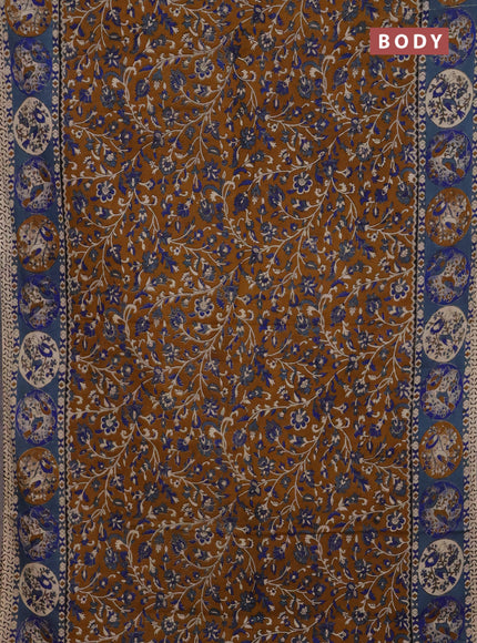 Kalamkari cotton saree dark mustard and greyish blue with allover prints and printed border
