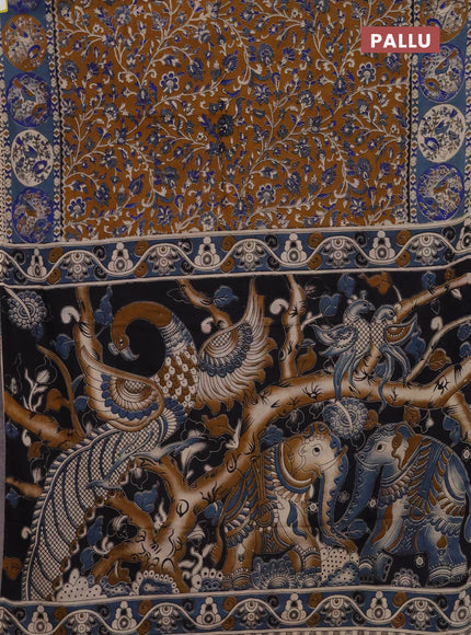 Kalamkari cotton saree dark mustard and greyish blue with allover prints and printed border