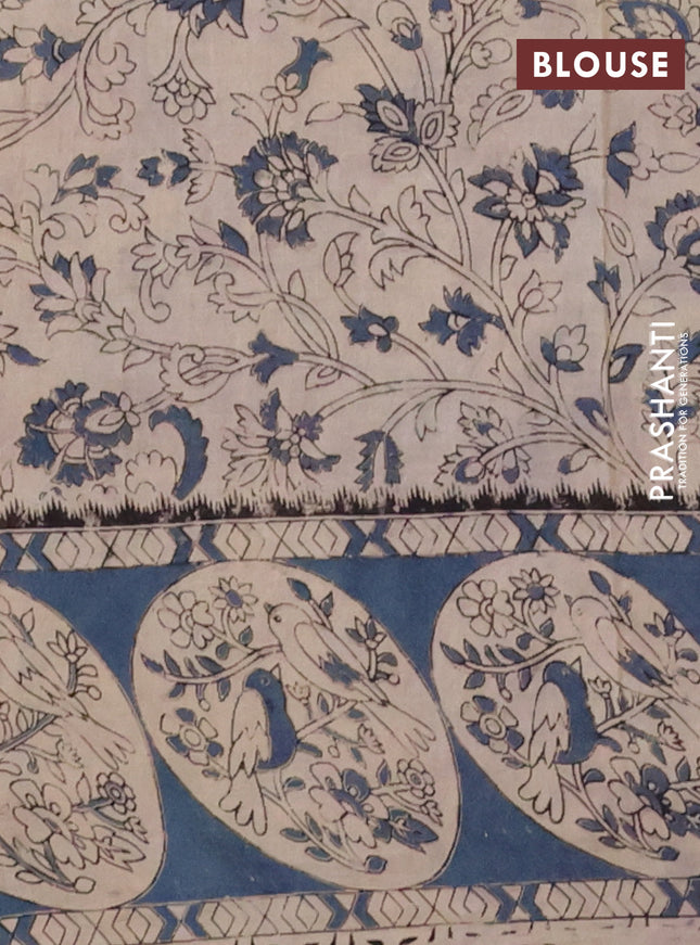 Kalamkari cotton saree dark mustard and greyish blue with allover prints and printed border