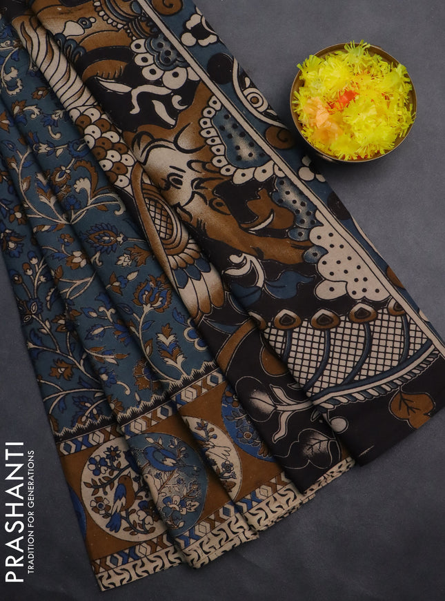 Kalamkari cotton saree bluish grey and dark mustard with allover prints and printed border