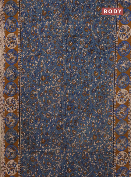 Kalamkari cotton saree bluish grey and dark mustard with allover prints and printed border