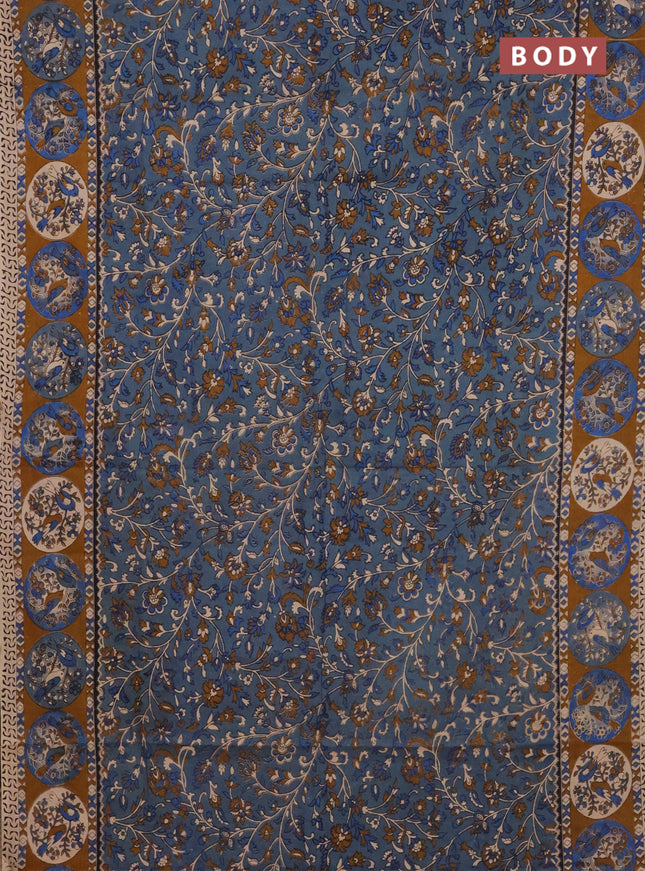 Kalamkari cotton saree bluish grey and dark mustard with allover prints and printed border