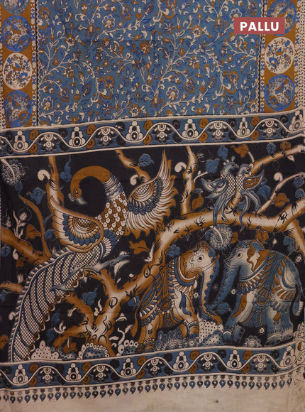 Kalamkari cotton saree bluish grey and dark mustard with allover prints and printed border