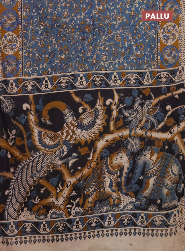 Kalamkari cotton saree bluish grey and dark mustard with allover prints and printed border