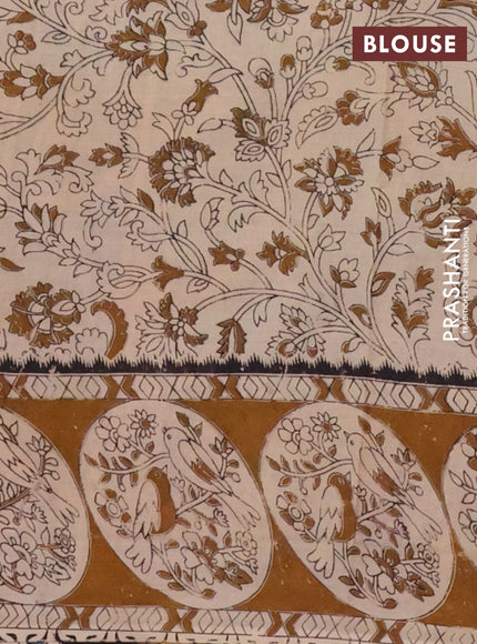 Kalamkari cotton saree bluish grey and dark mustard with allover prints and printed border