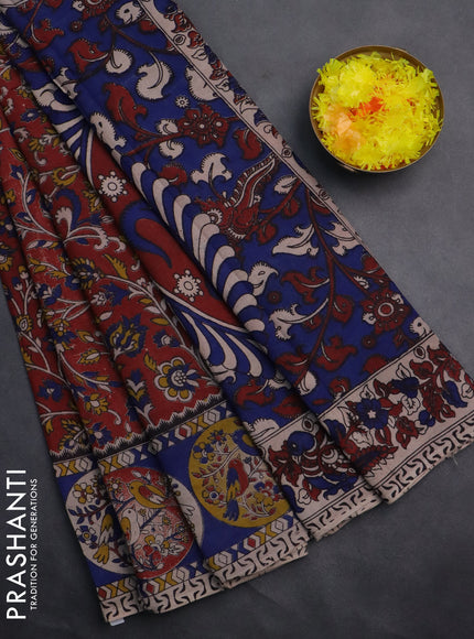 Kalamkari cotton saree maroon and blue with allover prints and printed border