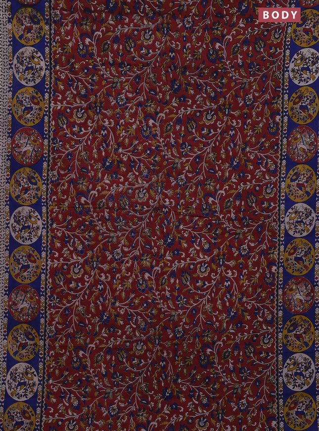 Kalamkari cotton saree maroon and blue with allover prints and printed border