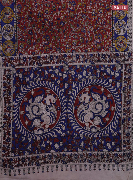 Kalamkari cotton saree maroon and blue with allover prints and printed border