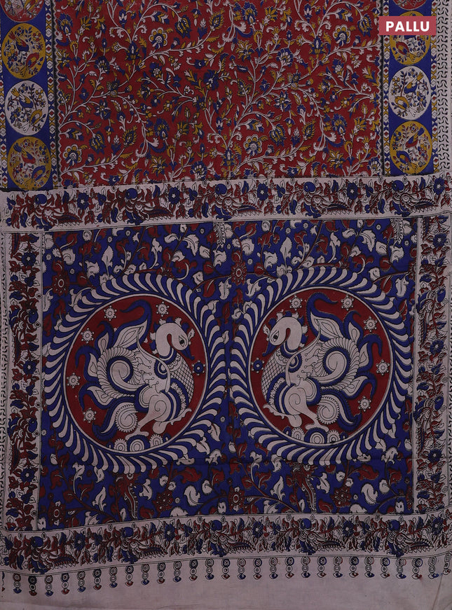 Kalamkari cotton saree maroon and blue with allover prints and printed border