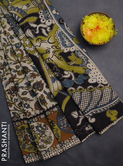 Kalamkari cotton saree cream and dark mustard with allover prints and printed border