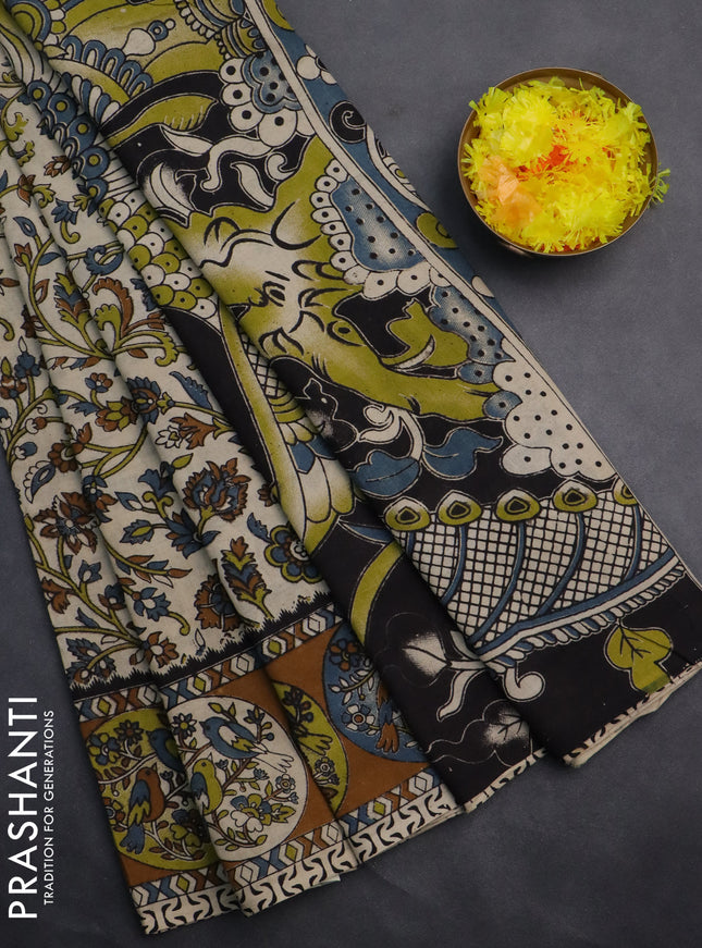 Kalamkari cotton saree cream and dark mustard with allover prints and printed border