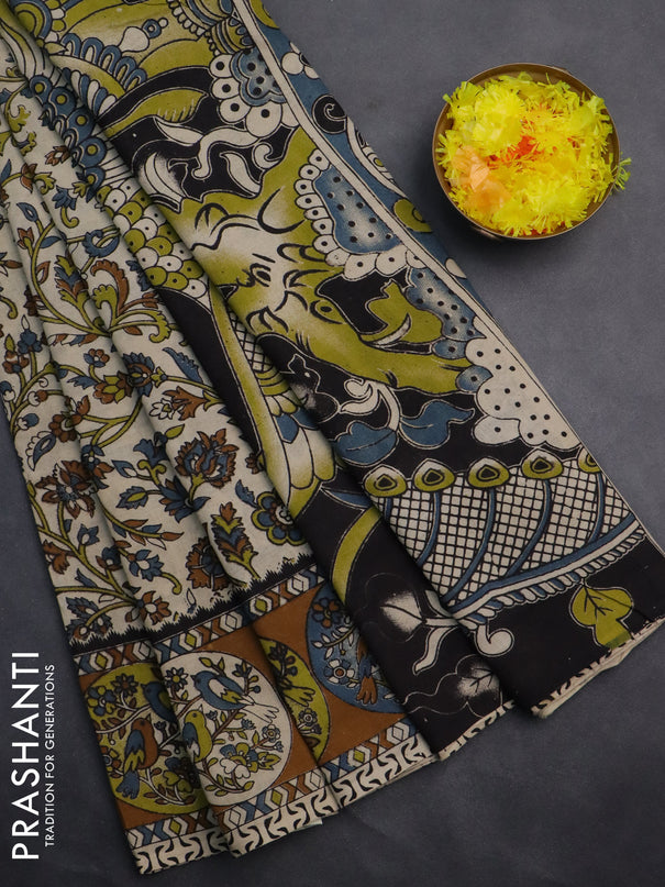 Kalamkari cotton saree cream and dark mustard with allover prints and printed border