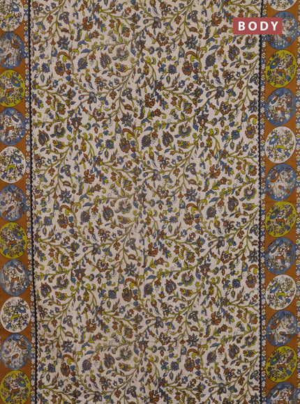 Kalamkari cotton saree cream and dark mustard with allover prints and printed border