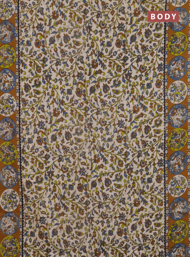 Kalamkari cotton saree cream and dark mustard with allover prints and printed border