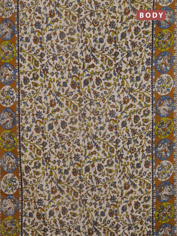 Kalamkari cotton saree cream and dark mustard with allover prints and printed border