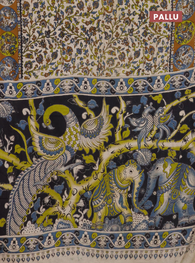 Kalamkari cotton saree cream and dark mustard with allover prints and printed border