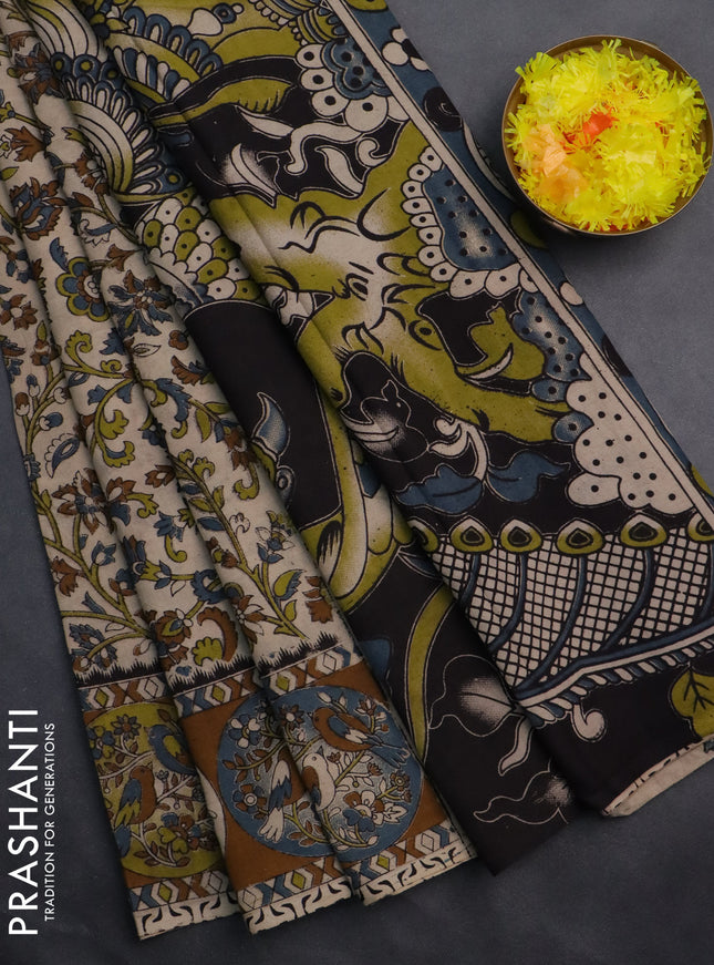 Kalamkari cotton saree beige and dark mustard with allover prints and printed border