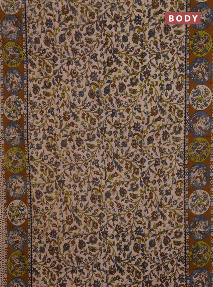 Kalamkari cotton saree beige and dark mustard with allover prints and printed border