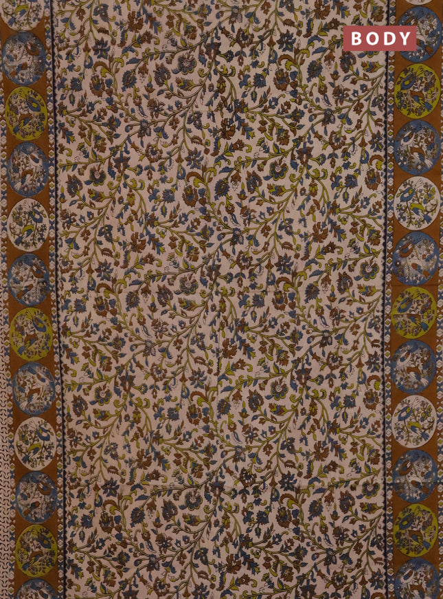 Kalamkari cotton saree beige and dark mustard with allover prints and printed border