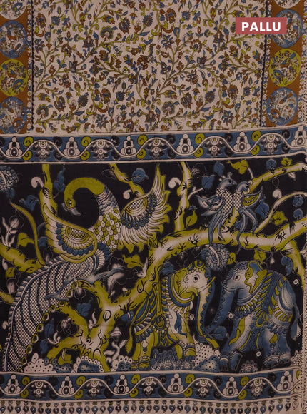 Kalamkari cotton saree beige and dark mustard with allover prints and printed border