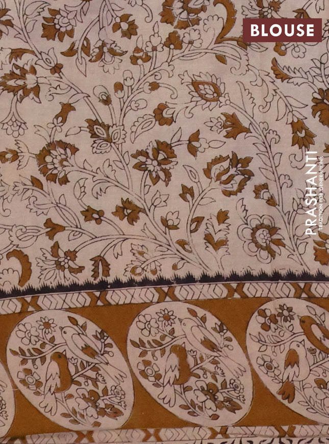 Kalamkari cotton saree beige and dark mustard with allover prints and printed border