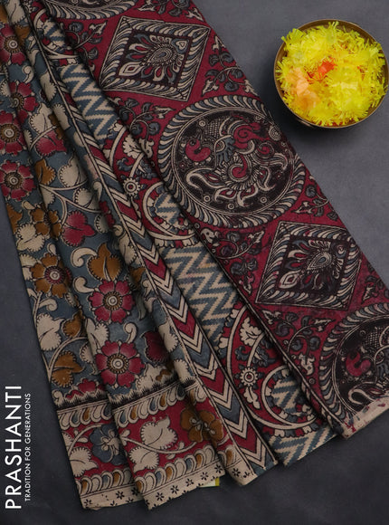 Kalamkari cotton saree grey and dark magenta pink with allover prints and printed border