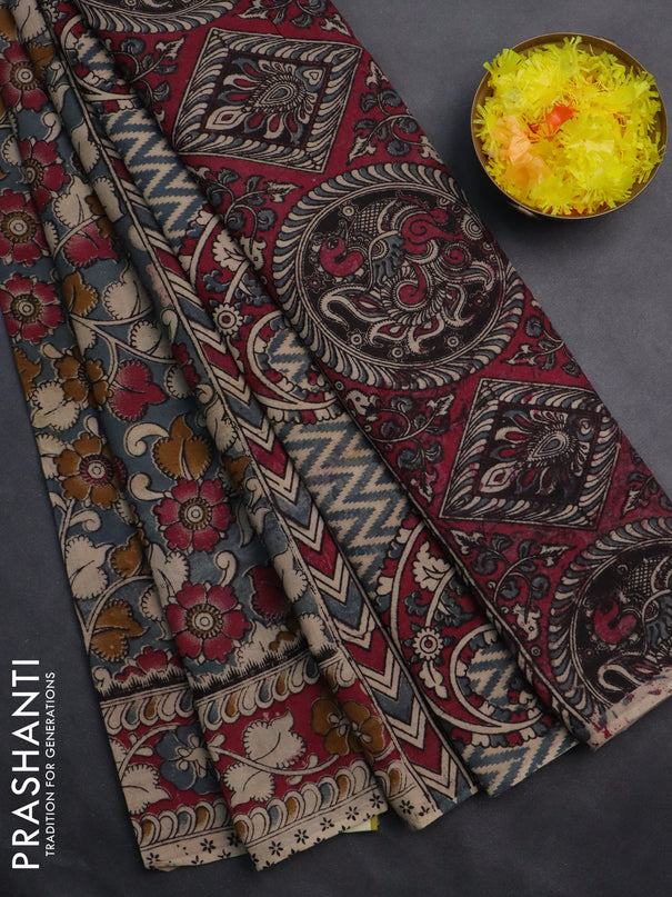 Kalamkari cotton saree grey and dark magenta pink with allover prints and printed border