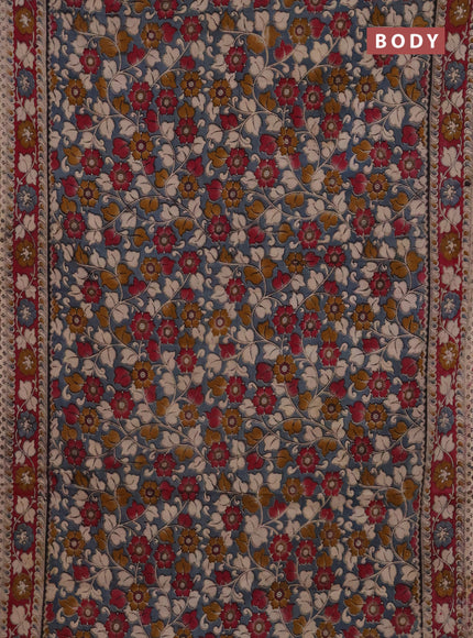 Kalamkari cotton saree grey and dark magenta pink with allover prints and printed border