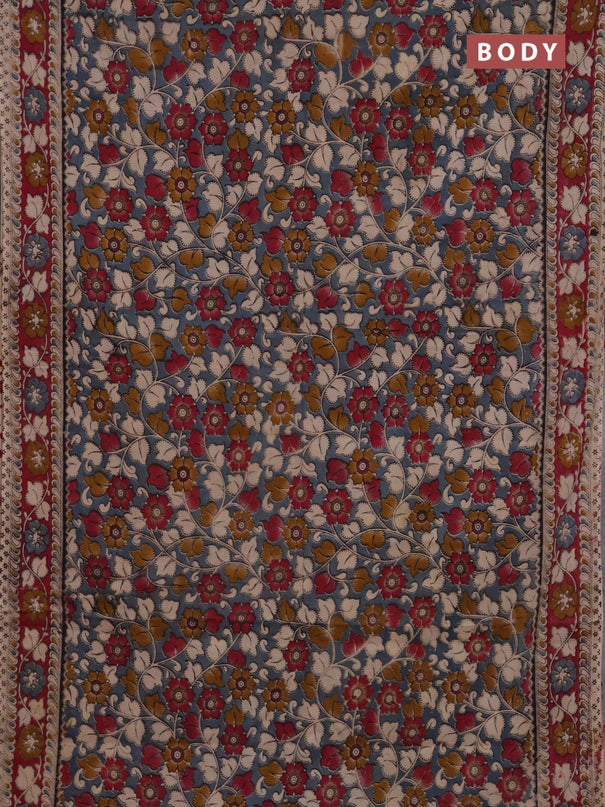 Kalamkari cotton saree grey and dark magenta pink with allover prints and printed border