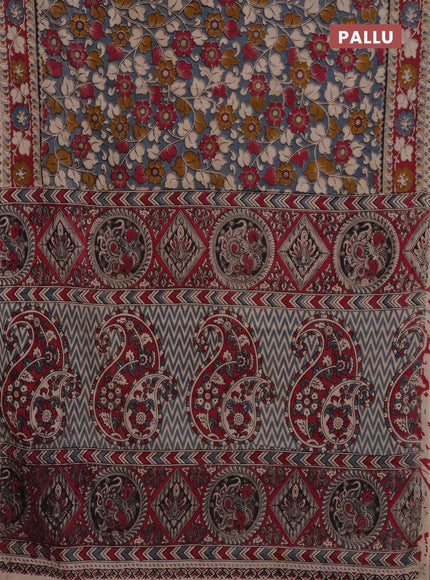 Kalamkari cotton saree grey and dark magenta pink with allover prints and printed border
