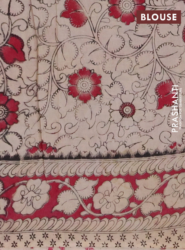 Kalamkari cotton saree grey and dark magenta pink with allover prints and printed border