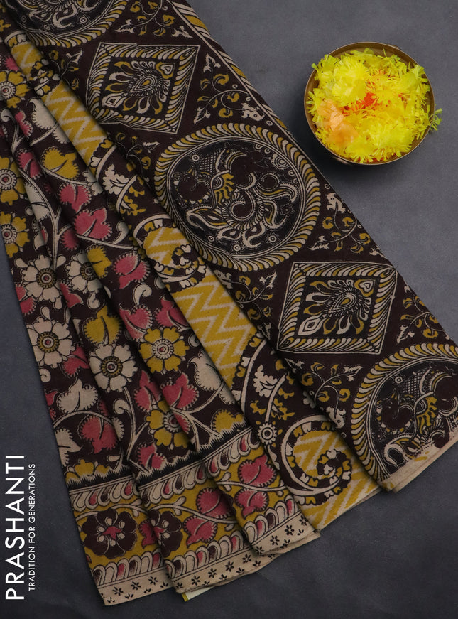 Kalamkari cotton saree brown and yellow with allover prints and printed border