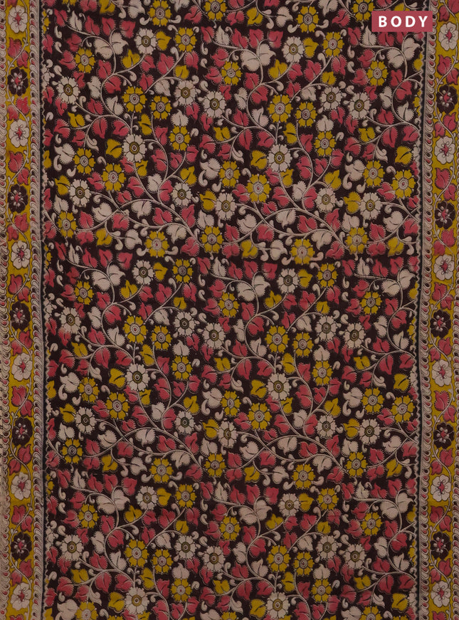 Kalamkari cotton saree brown and yellow with allover prints and printed border