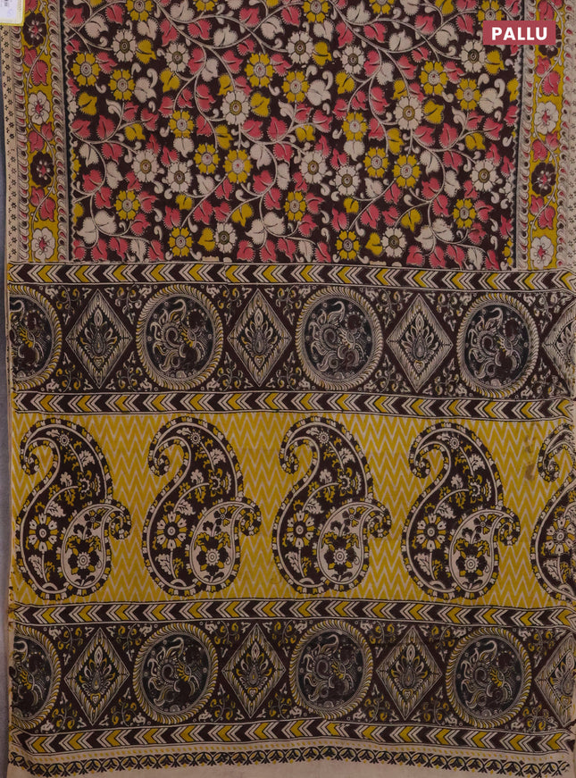 Kalamkari cotton saree brown and yellow with allover prints and printed border